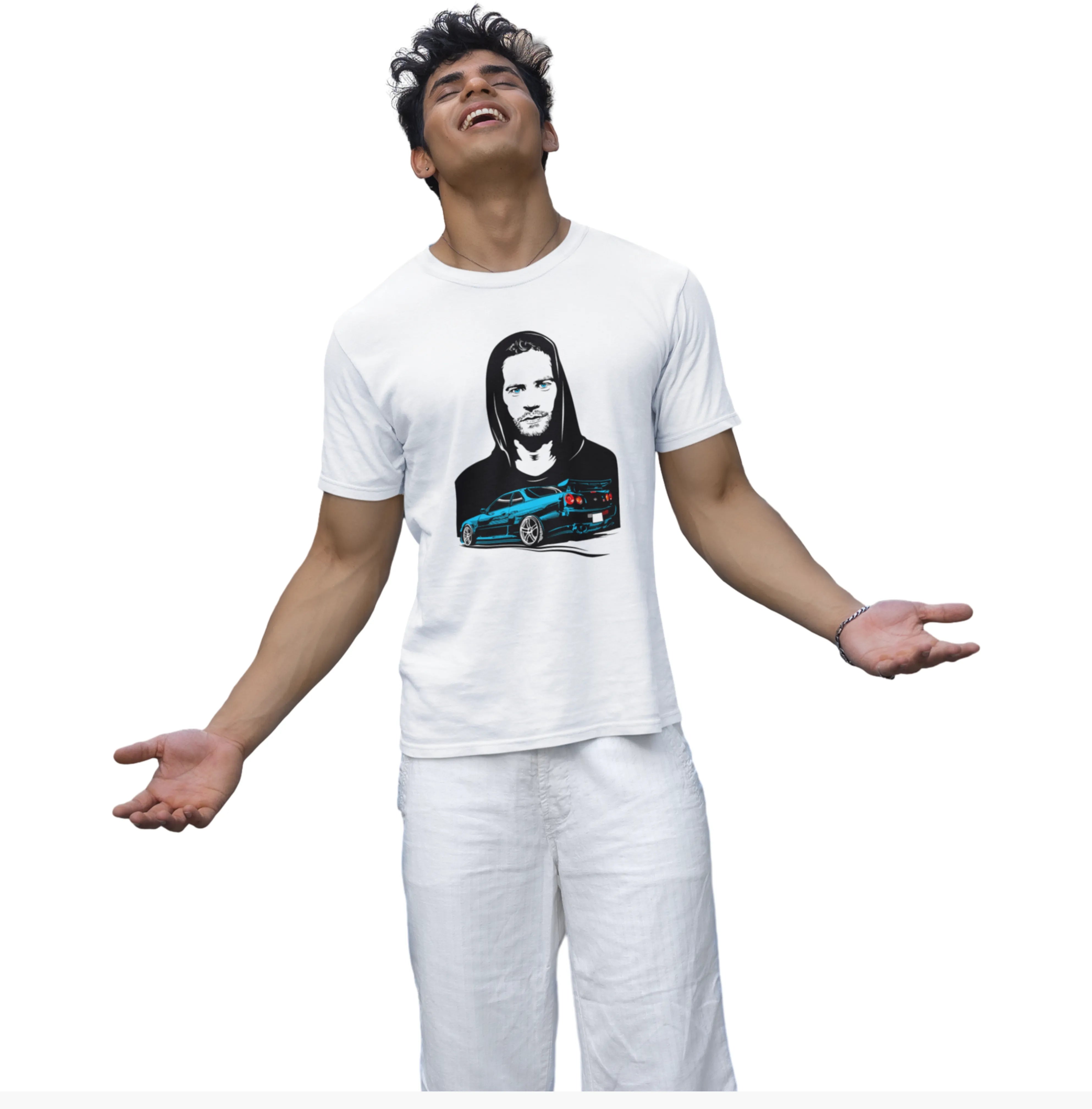 Person wearing a white t-shirt with a graphic design on a white background