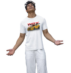Person wearing a white t-shirt with a car graphic and 'WRX' text on a white background