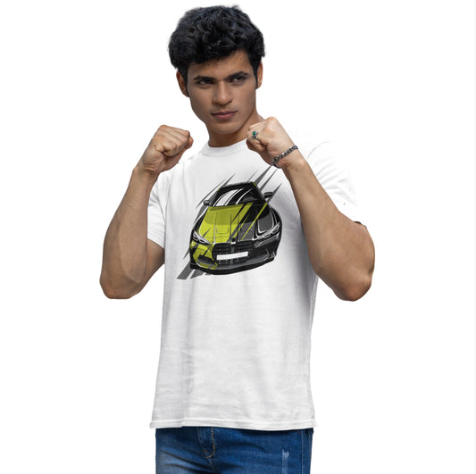 Person wearing a white t-shirt with a car graphic design on a white background