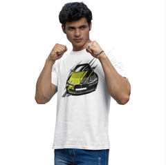 Person wearing a white t-shirt with a car graphic design on a white background