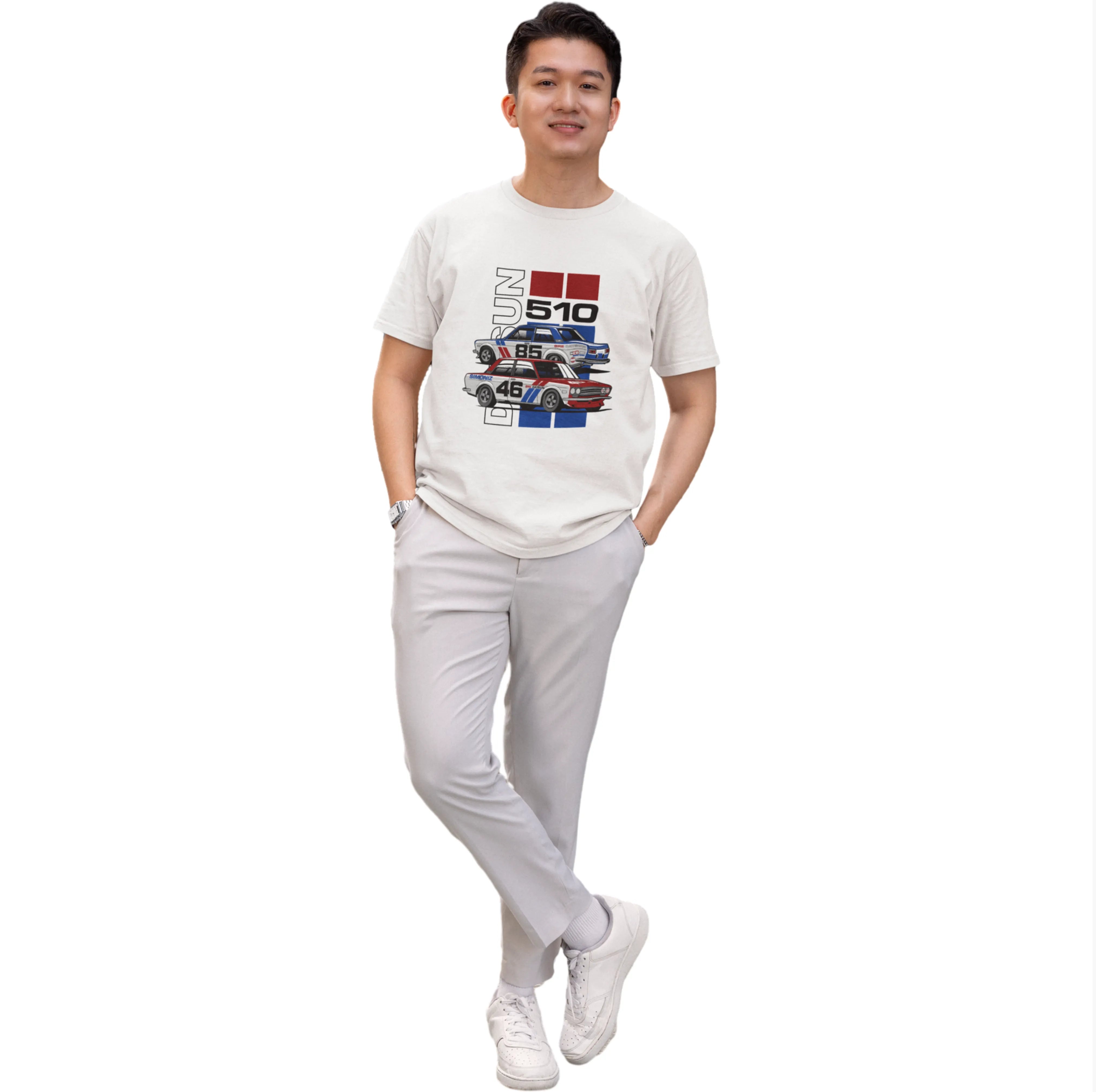 Person wearing a white t-shirt with graphic design on a plain background