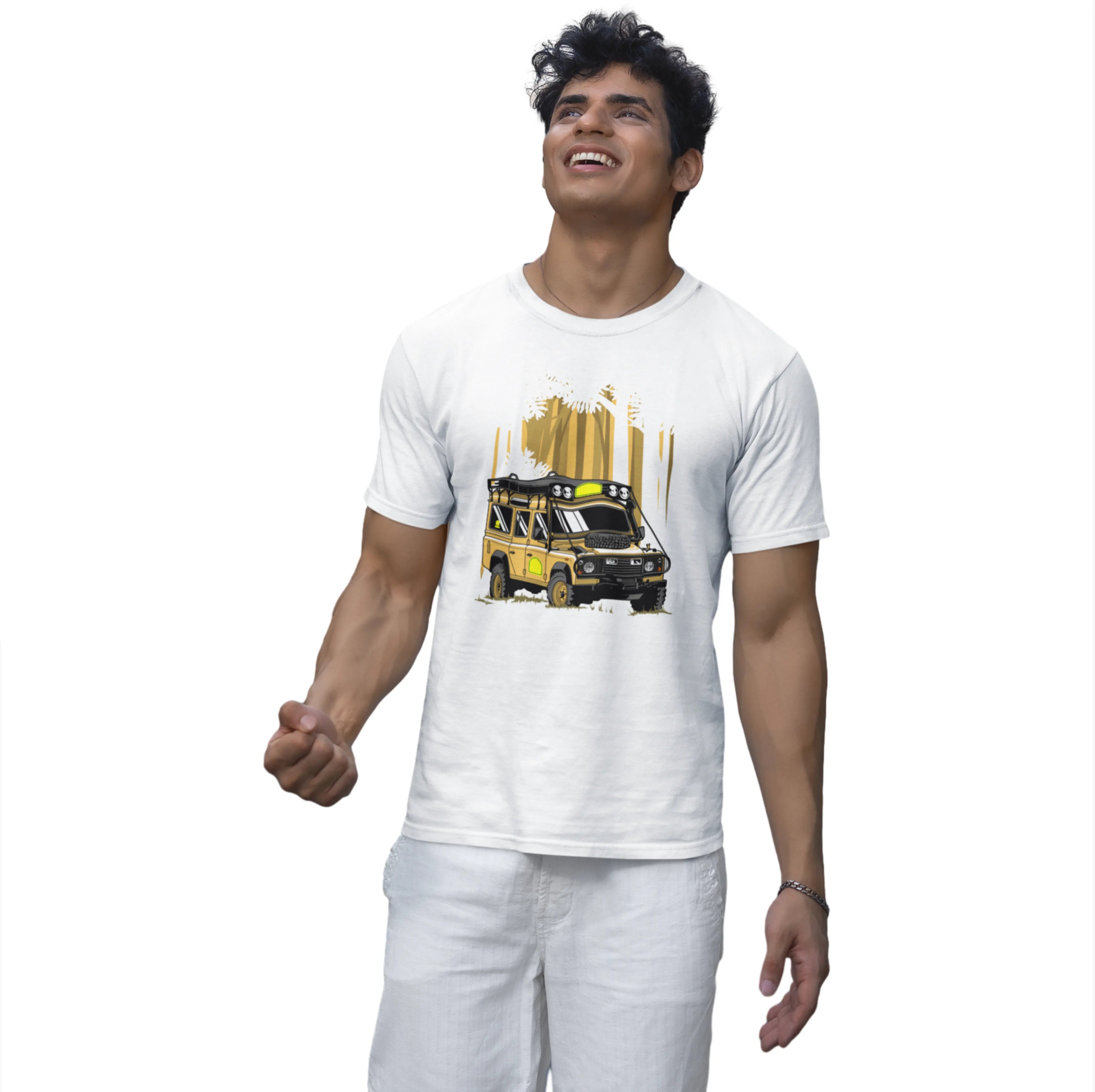 Man wearing a white t-shirt with a graphic design on a white background