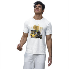Man wearing a white t-shirt with a graphic design on a white background
