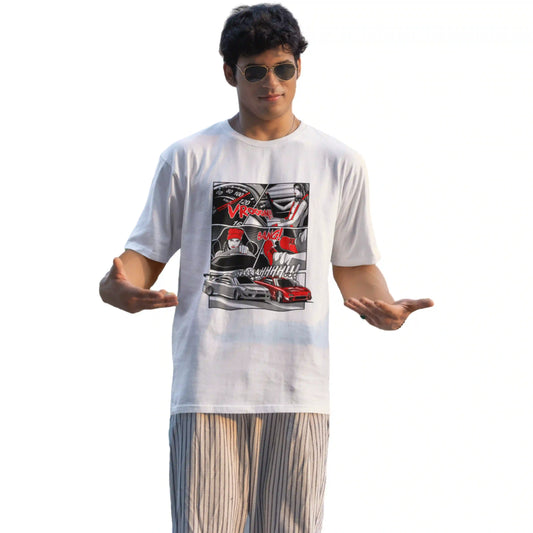 Man wearing a white t-shirt with a graphic design on a white background