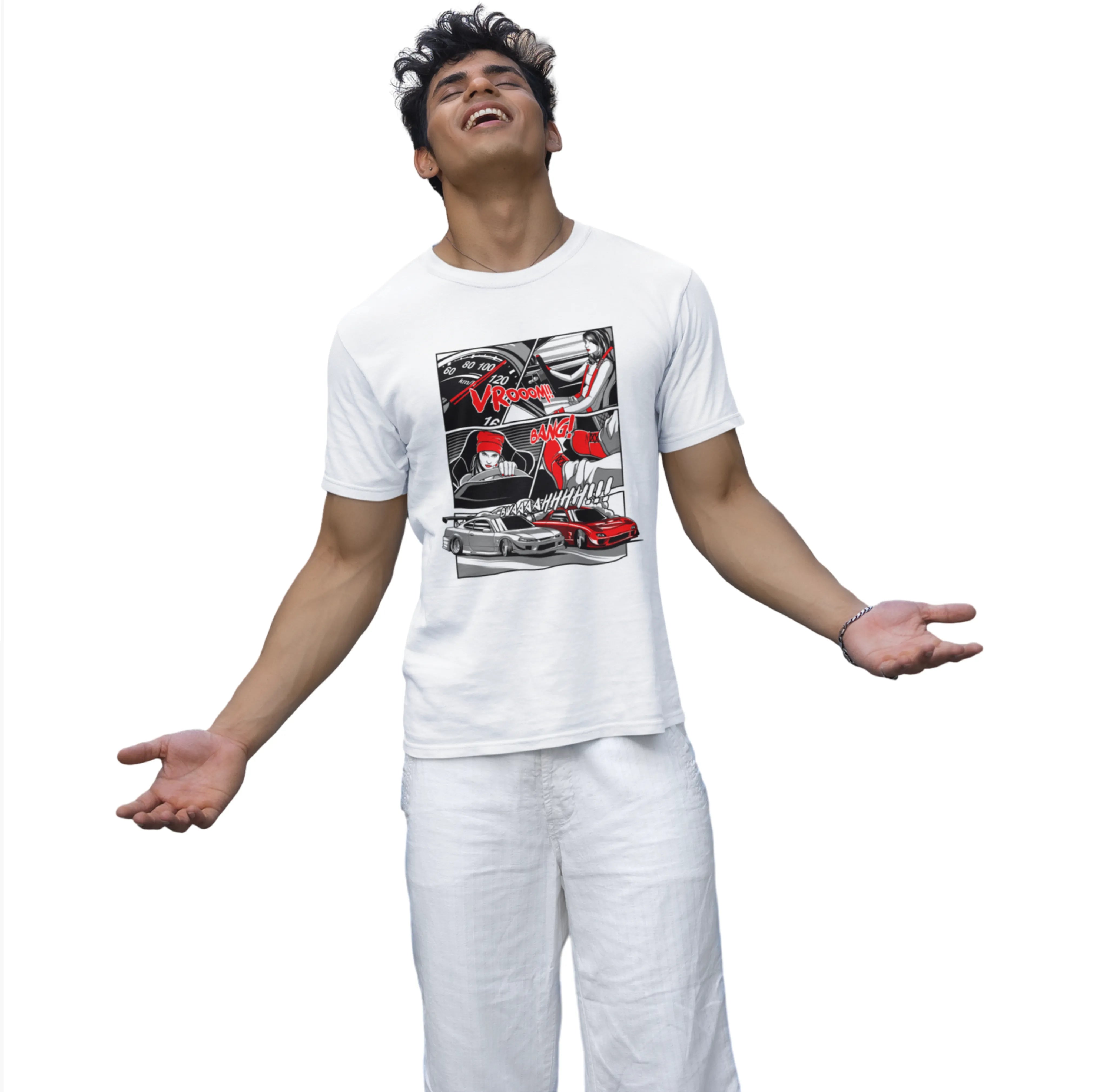 Person wearing a white t-shirt with a graphic design on a white background
