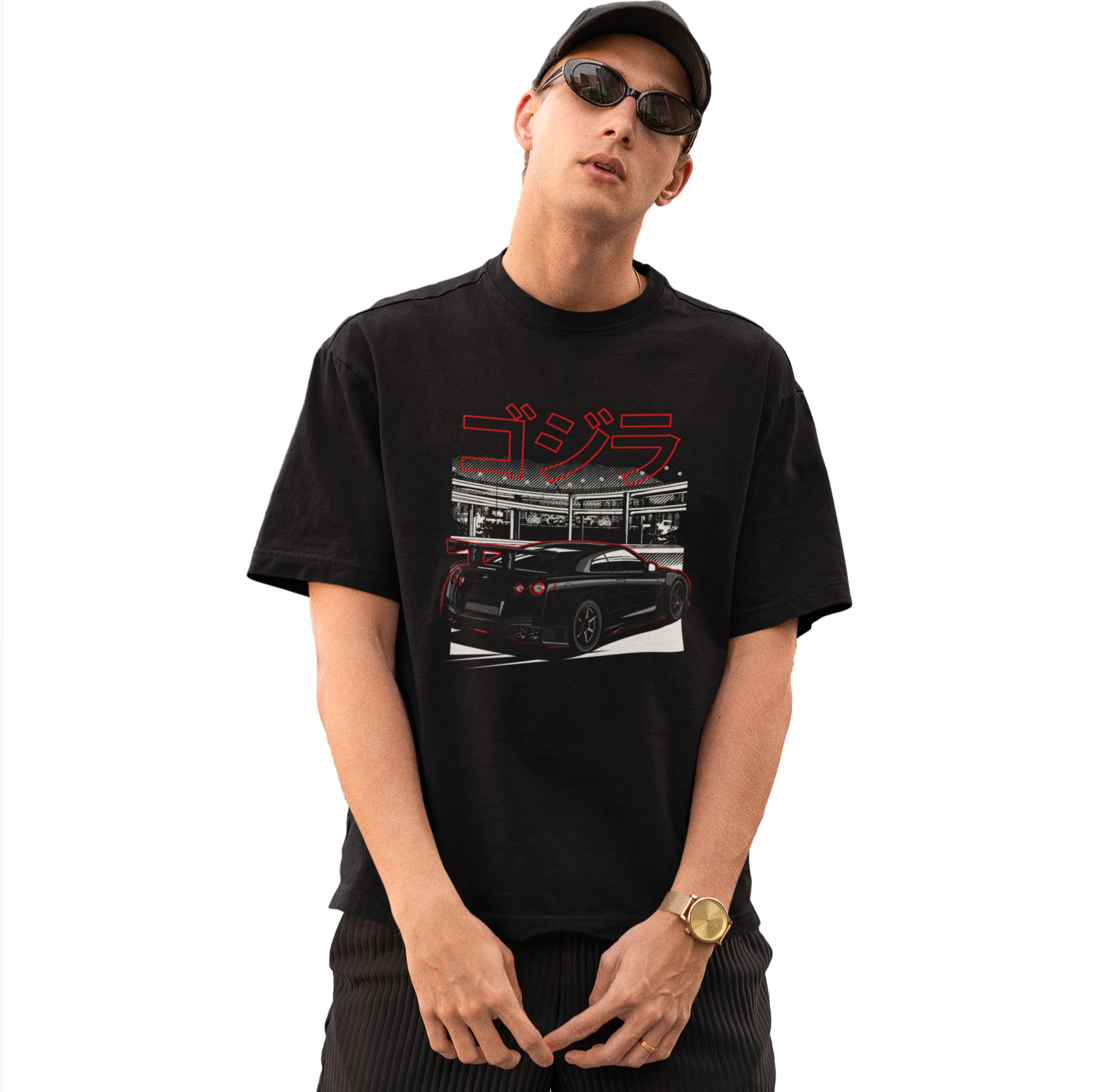 Person wearing a black t-shirt with a graphic design on a white background