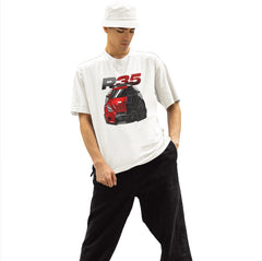 Person wearing a white t-shirt with 'R35' graphic design on a white background