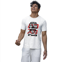 Man wearing a white t-shirt with car graphic design on a white background