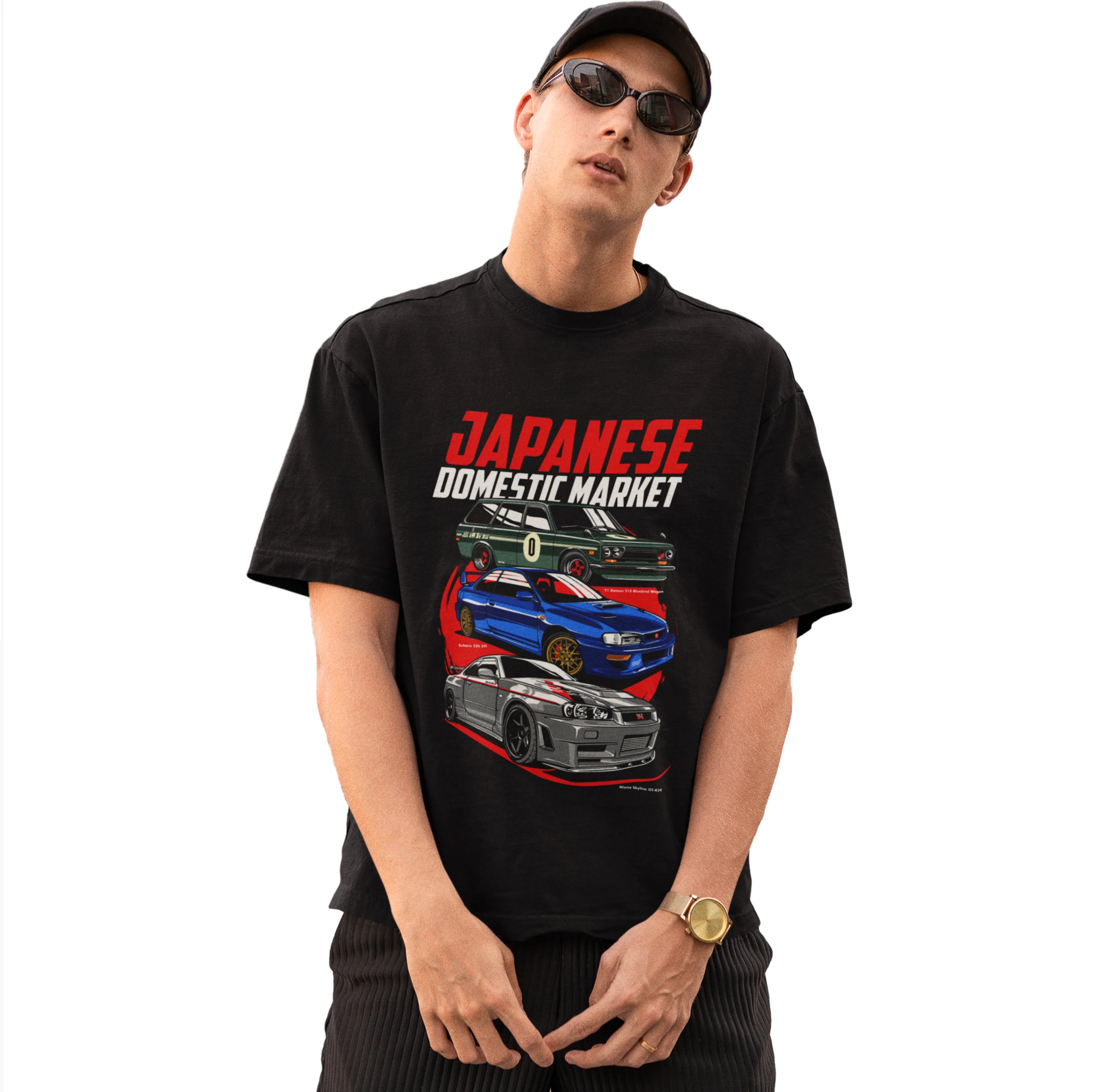 Person wearing a black t-shirt with car graphics and text on a white background