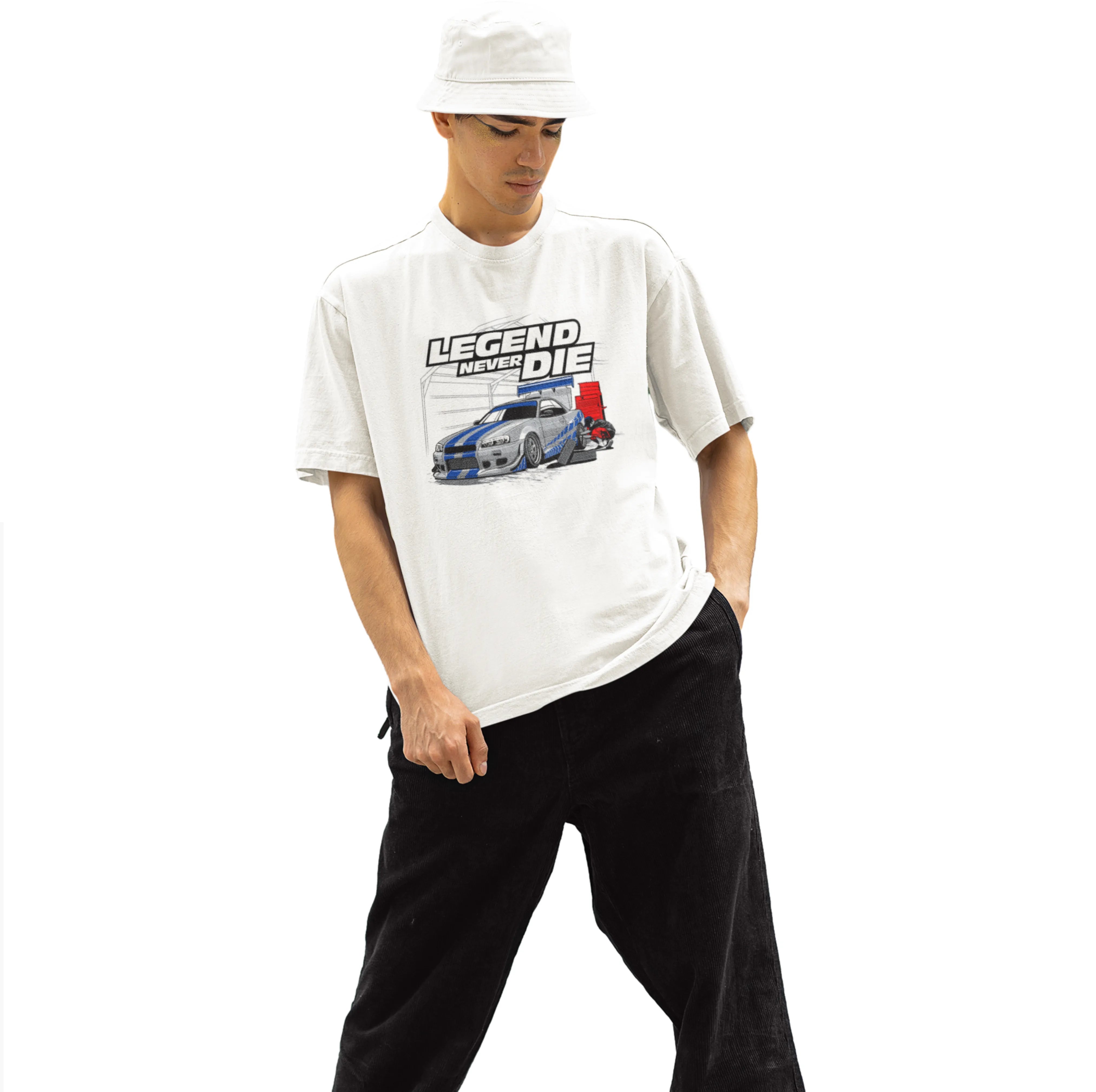 Person wearing a white t-shirt with a graphic design and text on a white background