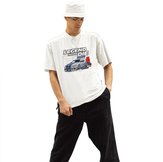 Person wearing a white t-shirt with a graphic design and text on a white background