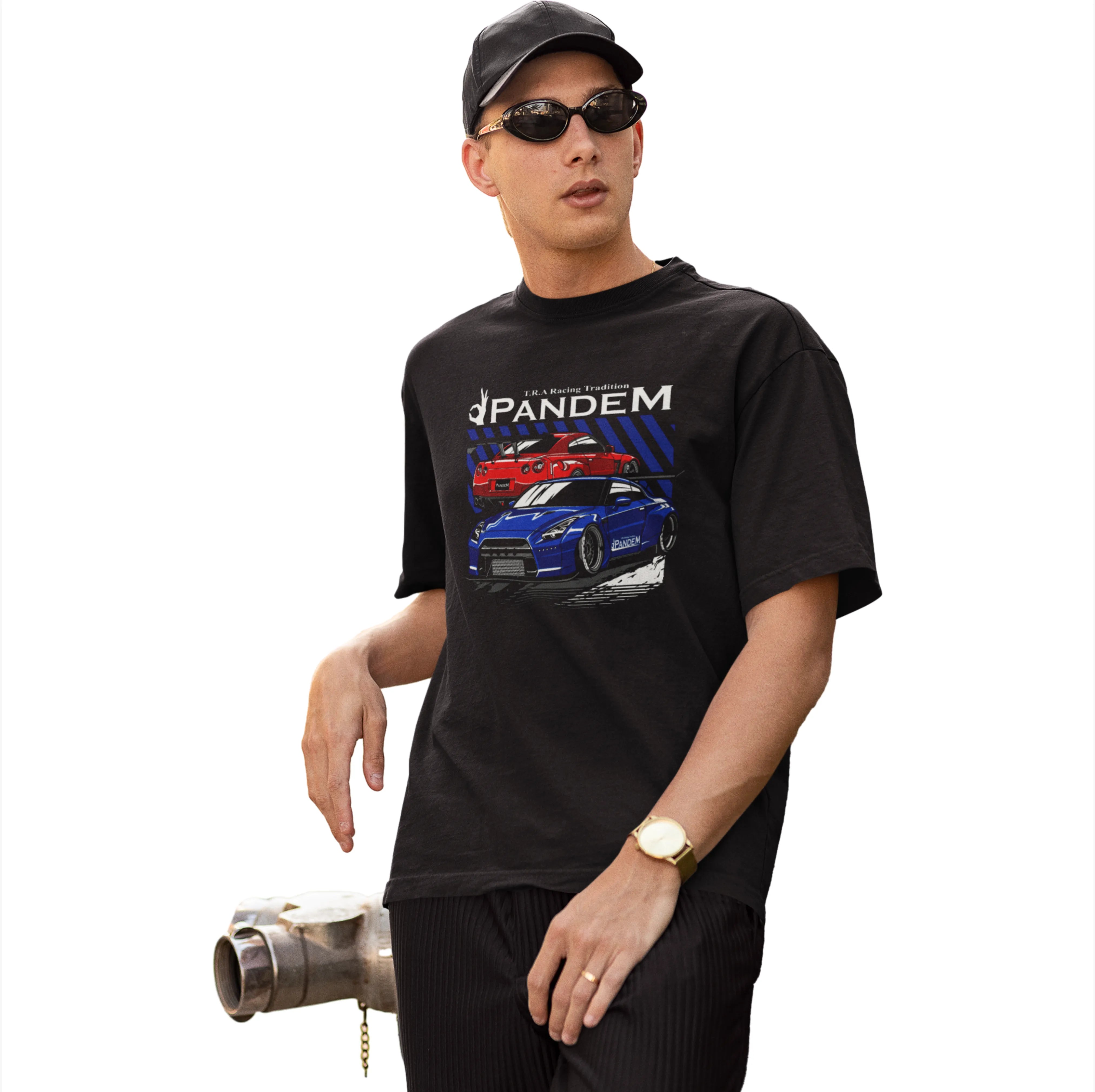 Man wearing a black t-shirt with a car graphic and 'PANDEM' branding on a white background