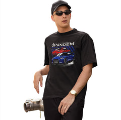 Man wearing a black t-shirt with a car graphic and 'PANDEM' branding on a white background