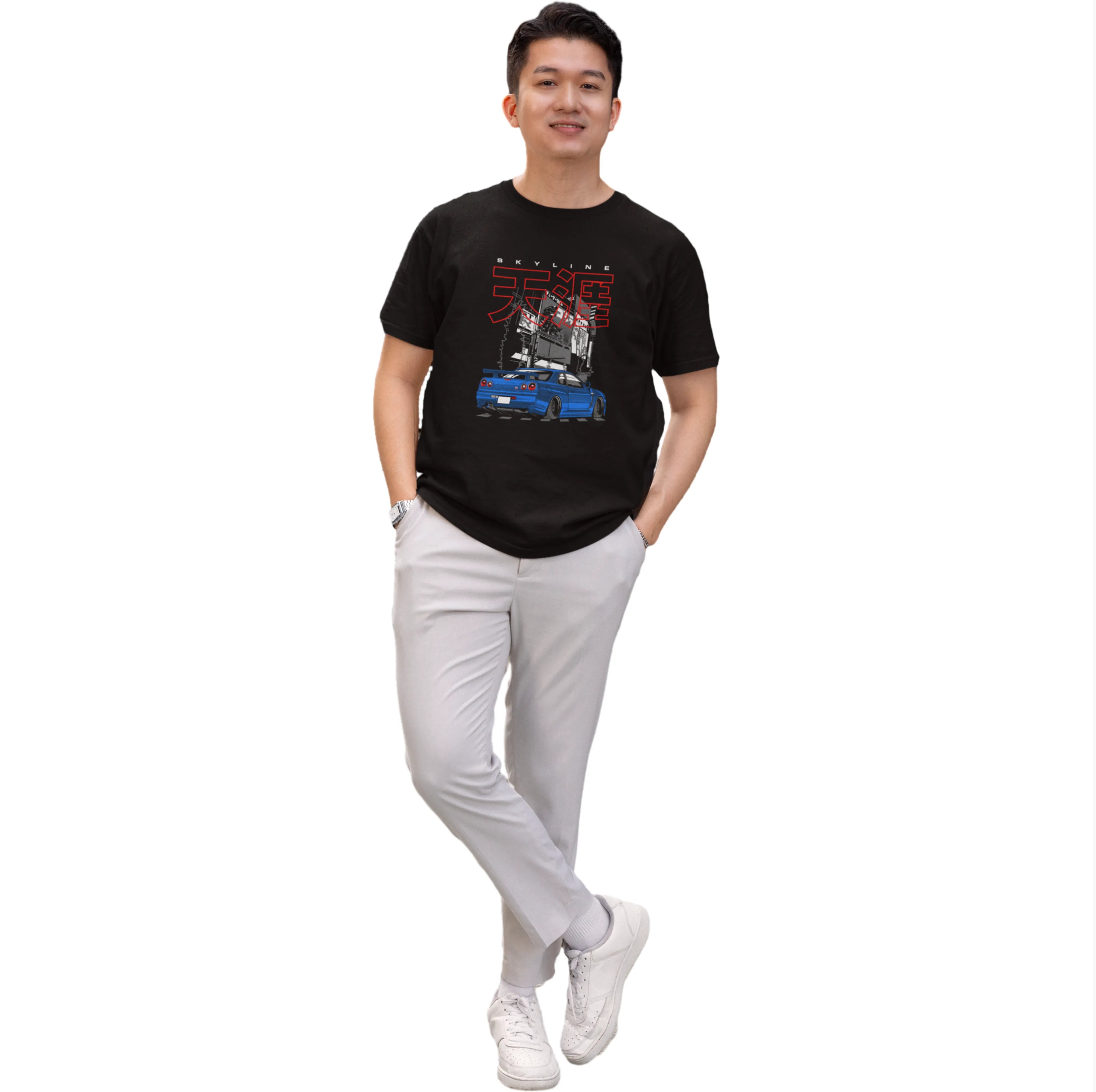 Person wearing a black t-shirt with a graphic design on a white background