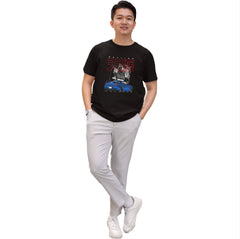 Person wearing a black t-shirt with a graphic design on a white background