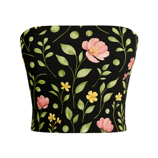 Floral bandeau top with pink and yellow flowers on a black background
