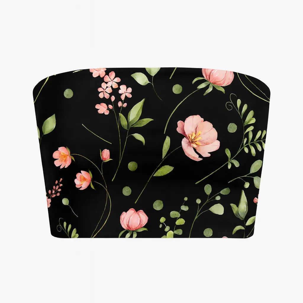 Floral-patterned tube top on a black background