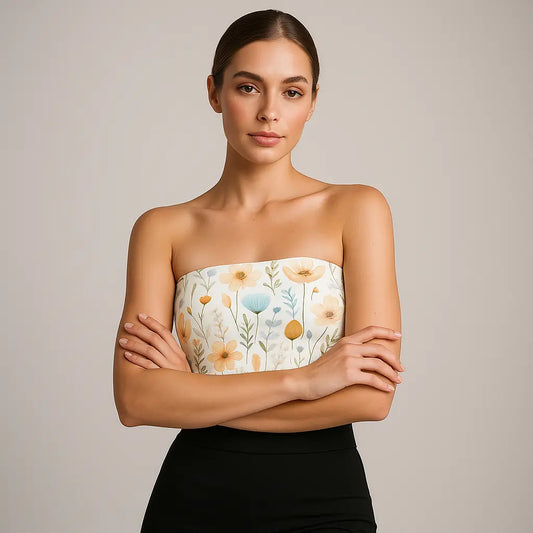 Woman wearing a strapless top with floral design against a plain background
