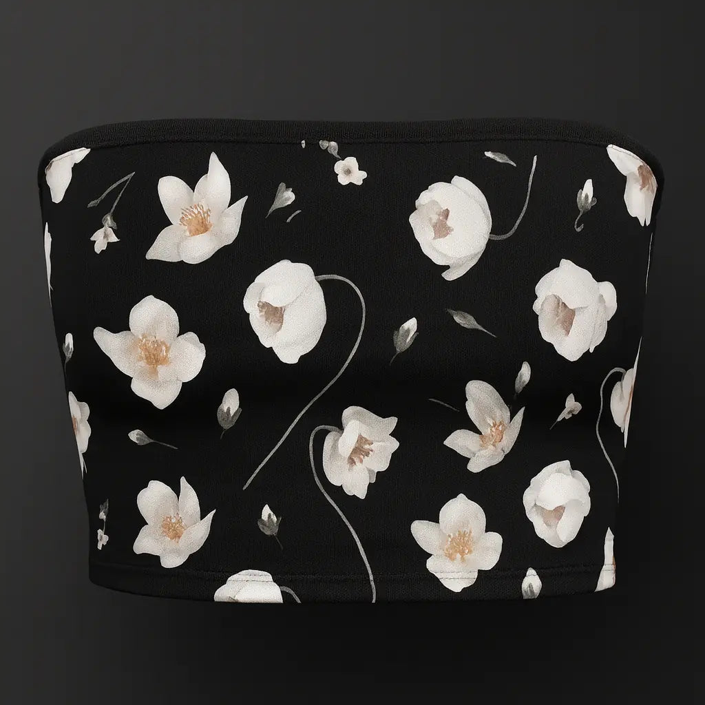 Black tube top with white floral pattern on a dark background