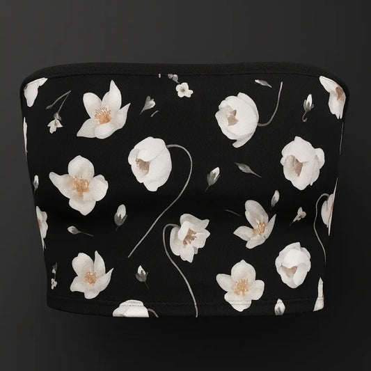 Black tube top with white floral pattern on a dark background