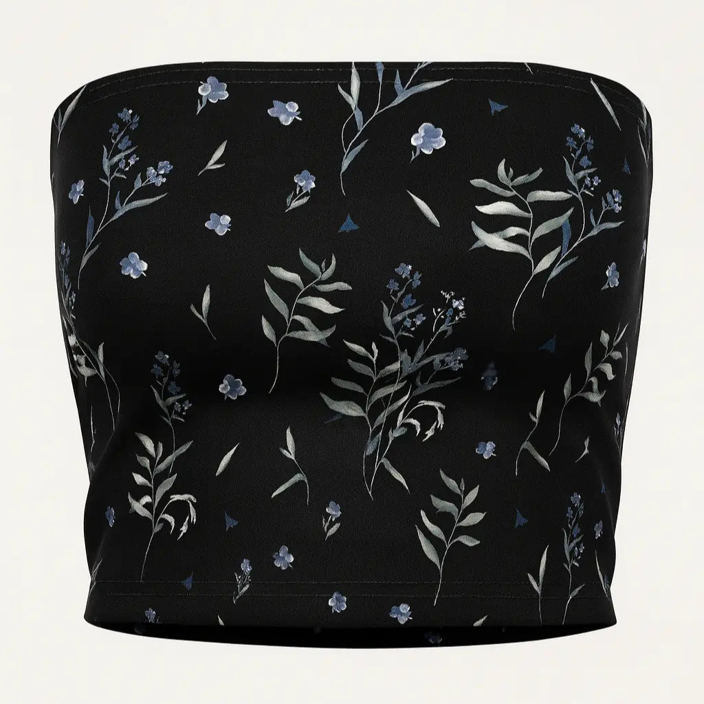 Black tube top with floral pattern on a white background