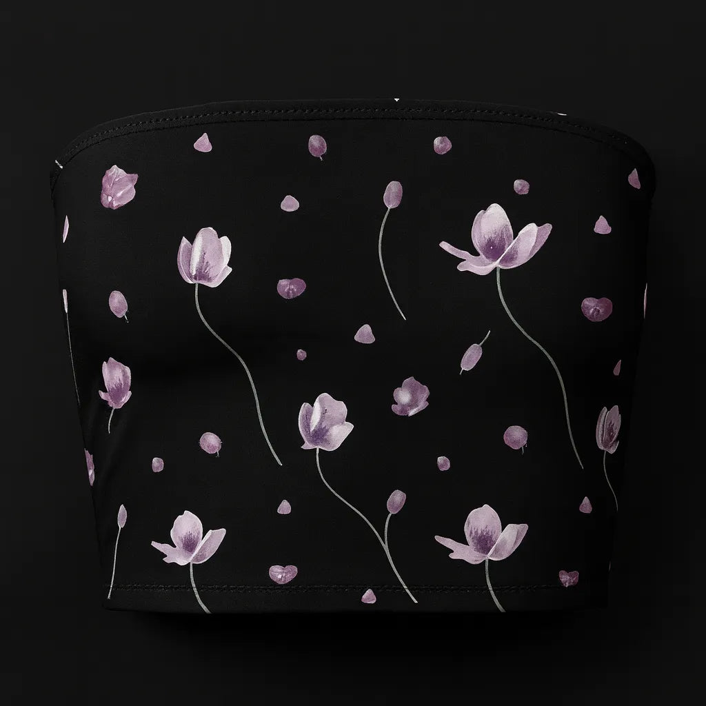 Black pouch with pink floral pattern on a black background
