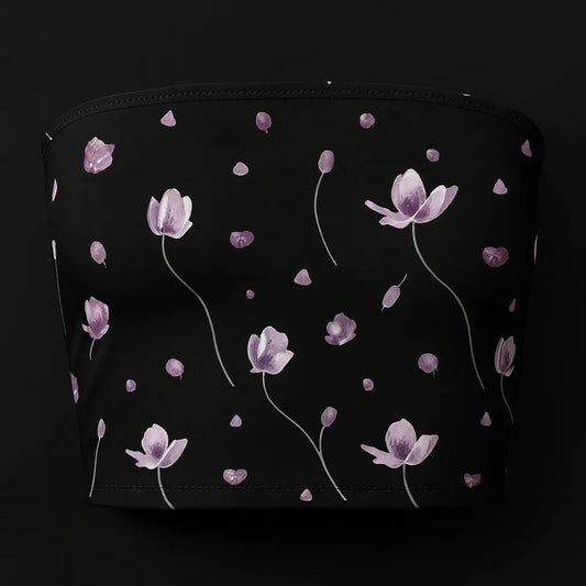 Black pouch with pink floral pattern on a black background