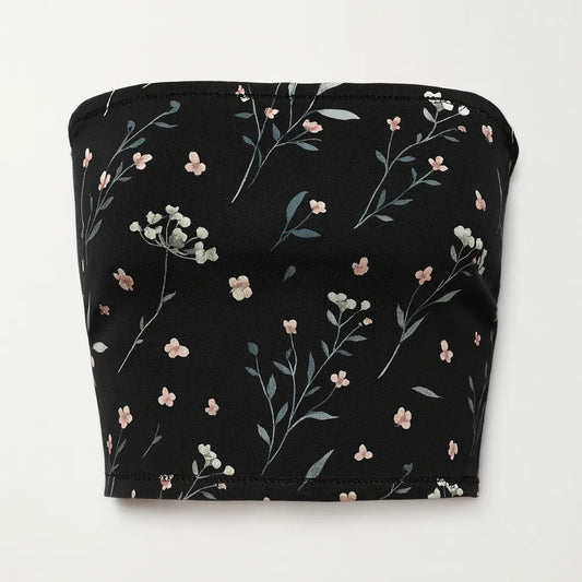 Black tube top with floral pattern on a white background