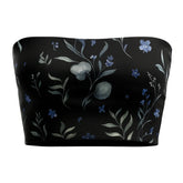 Black bandeau top with floral and fruit pattern on a white background