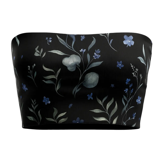 Black bandeau top with floral and fruit pattern on a white background