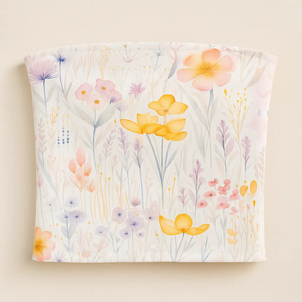 Floral-patterned fabric with colorful flowers on a beige background