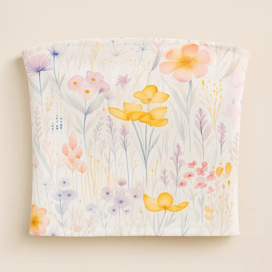 Floral-patterned fabric with colorful flowers on a beige background