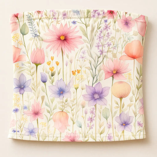 Floral patterned fabric with pink, purple, and orange flowers on a white background