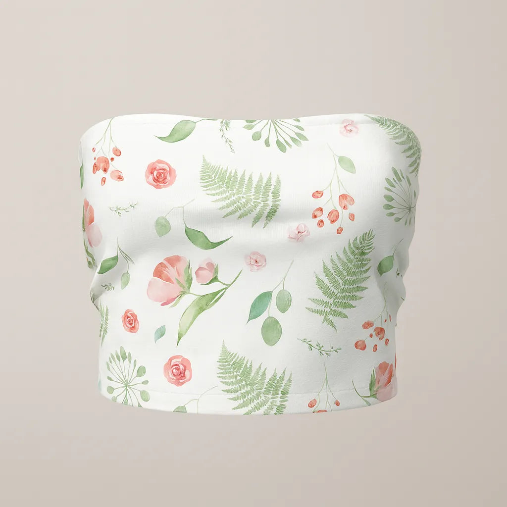 Floral and leaf patterned tube top on a beige background