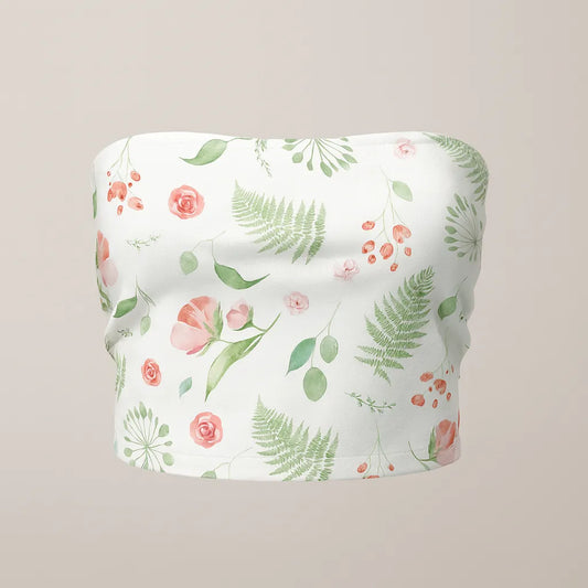 Floral and leaf patterned tube top on a beige background