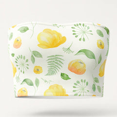 Tube top with yellow floral pattern on a white background