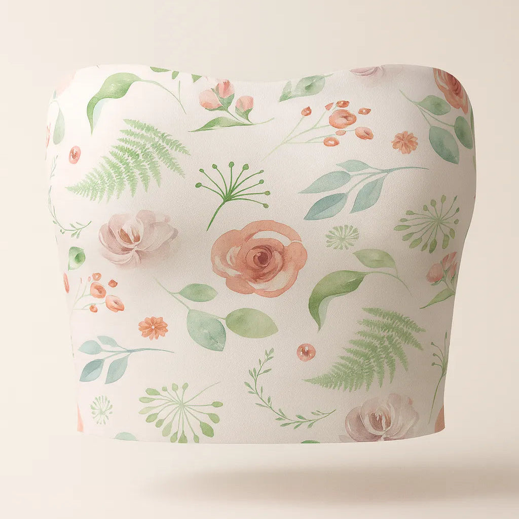 Floral-patterned strapless top on a light background