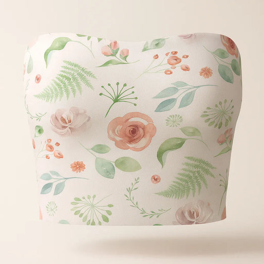 Floral-patterned strapless top on a light background
