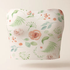 Floral-patterned strapless top on a light background