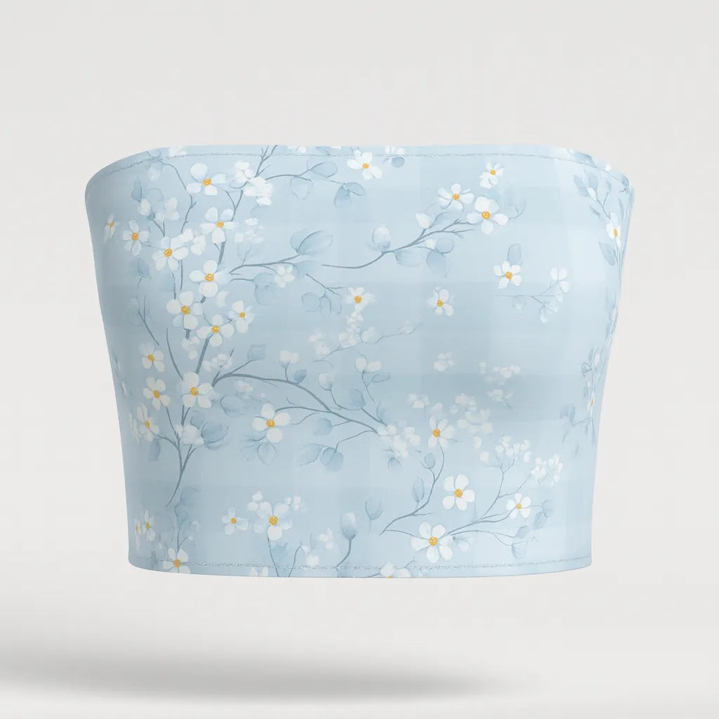 Floral-patterned tube top on a light gray background