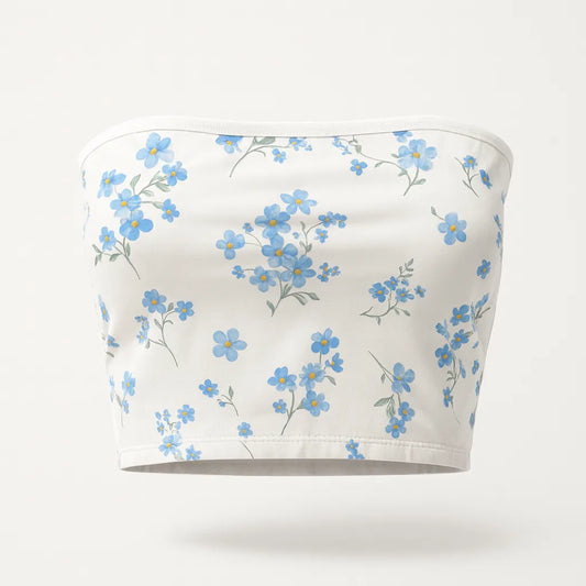 White bandeau top with blue floral pattern on a white background
