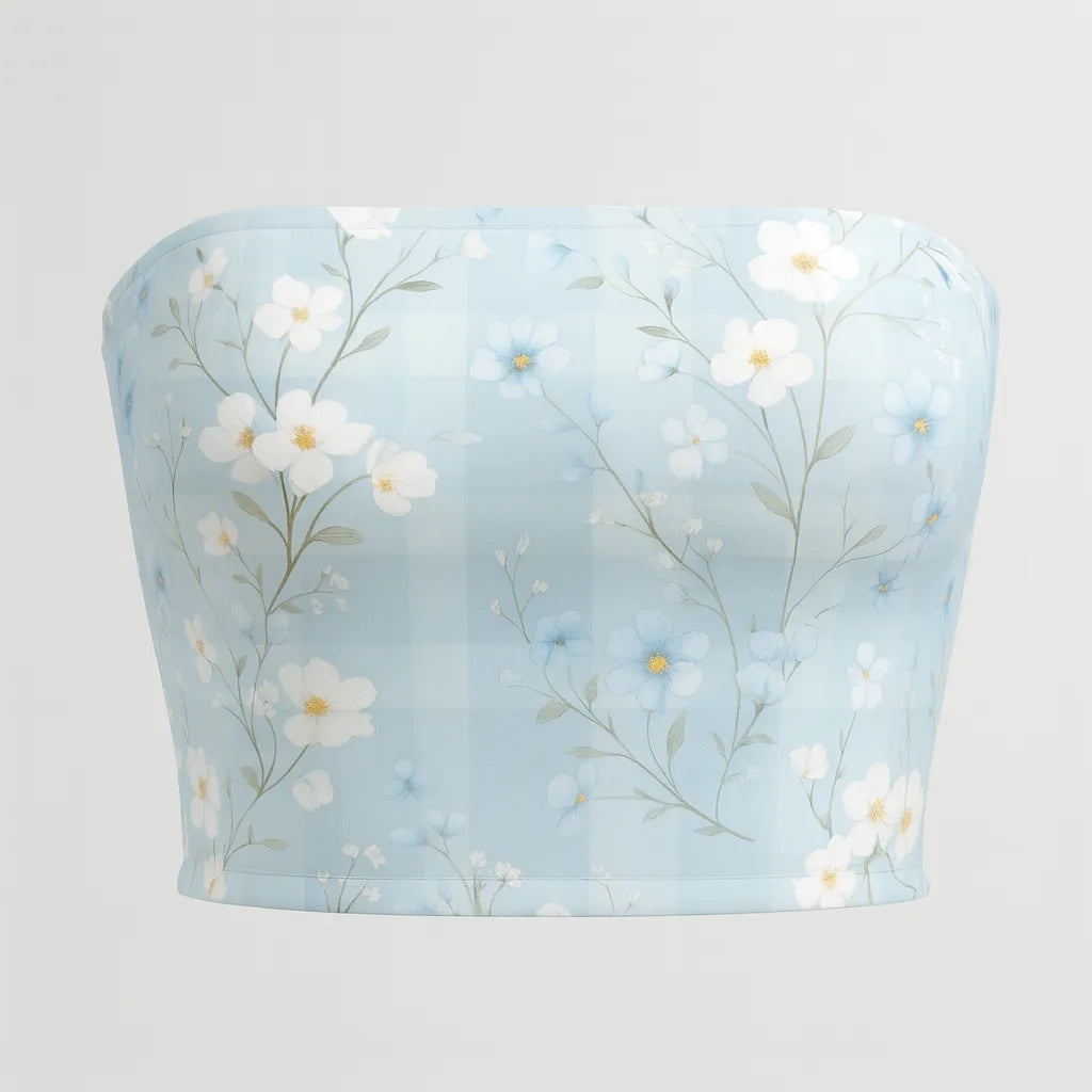 Light blue bandeau top with floral pattern on a light gray background