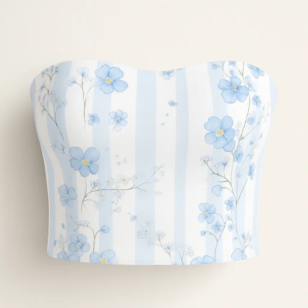 Floral-patterned strapless top with blue flowers on a light background