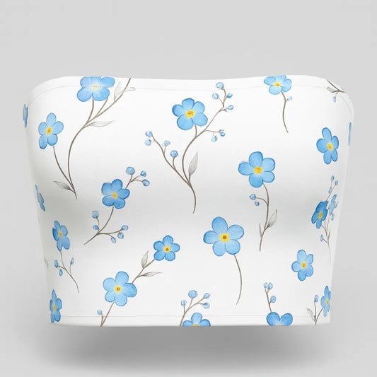 White strapless top with blue floral pattern on a white background