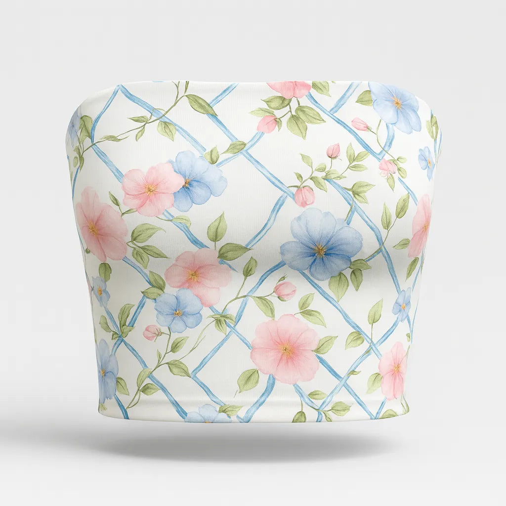 Floral-patterned tube top with pink and blue flowers on a white background