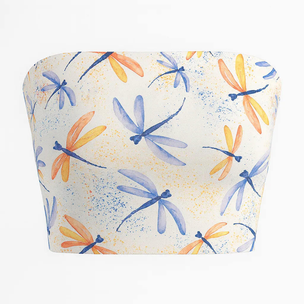 Tube top with dragonfly pattern on a white background