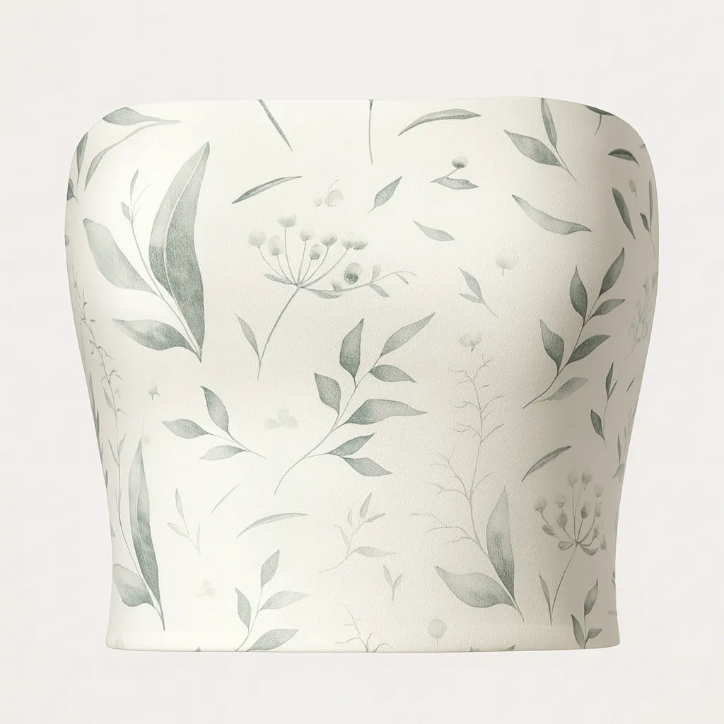 White tube top with green leaf pattern on a white background