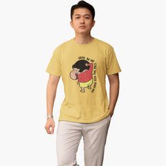 Person wearing a yellow t-shirt with a graphic design on a white background