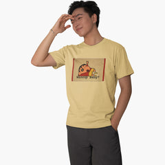 Person wearing a beige t-shirt with a graphic design on a white background
