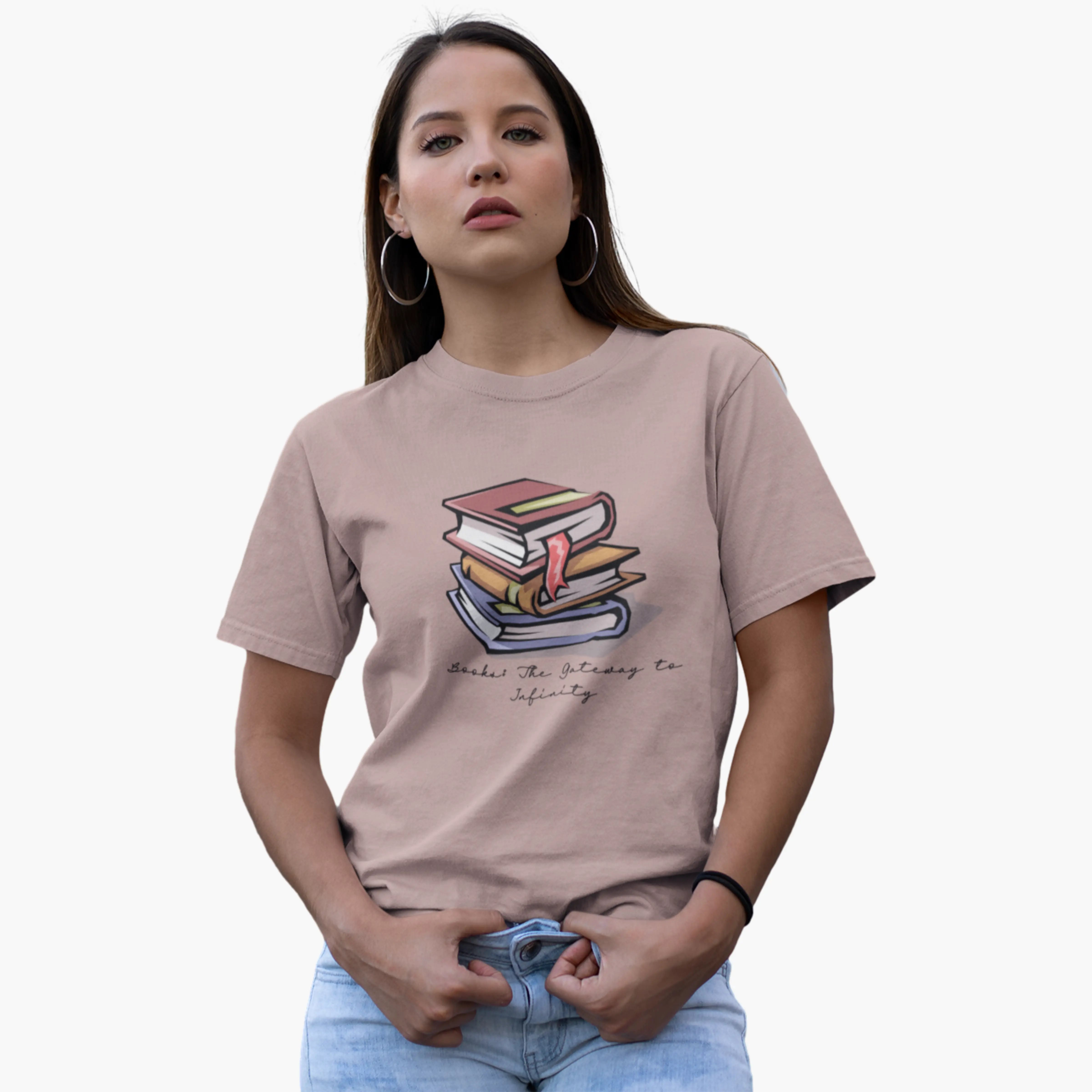 Woman wearing a beige t-shirt with a graphic design on a white background